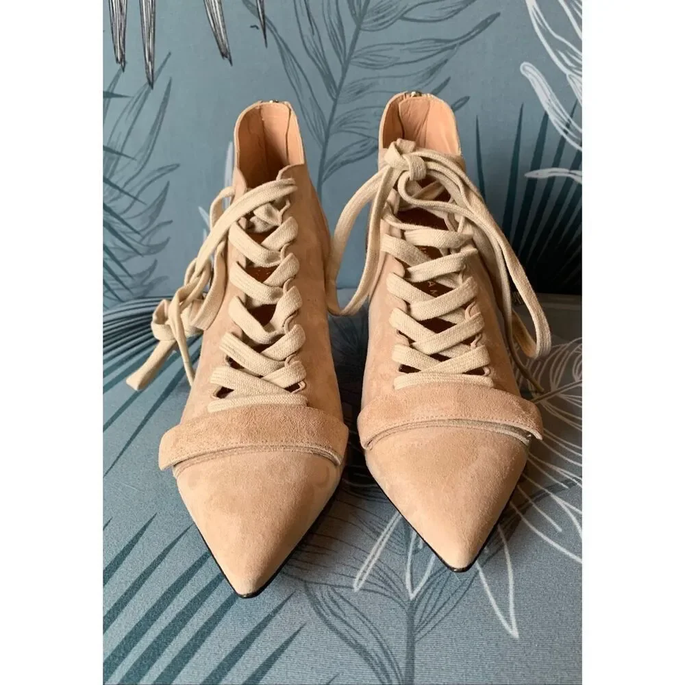NEW IN BOX Derek Lam Montparnasse tan Suede Lace Up Booties Heels Shoes sz 38